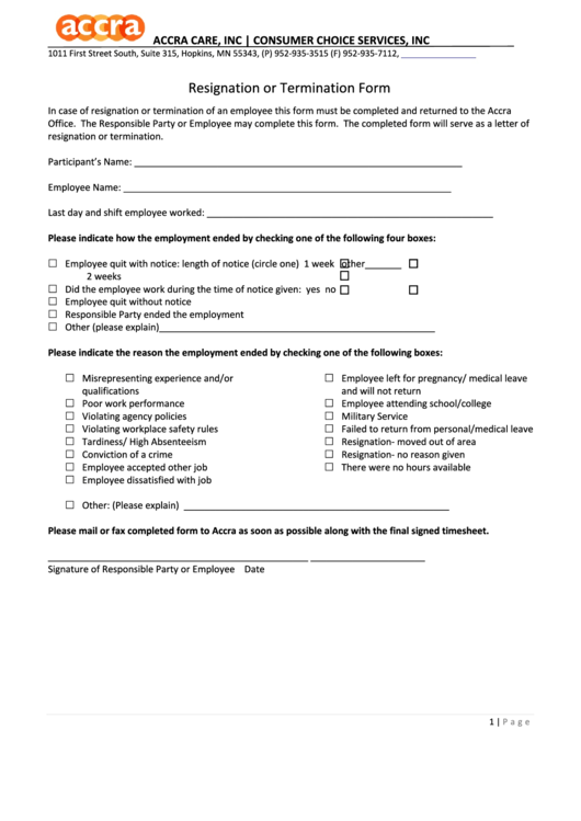 Resignation Or Termination Form - Accra Care Printable pdf