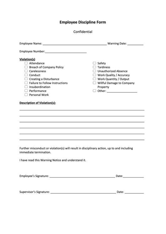 Employee Discipline Form Printable pdf