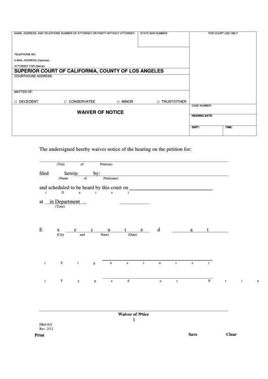Fillable Waiver Of Notice - Los Angeles Superior Court Printable pdf