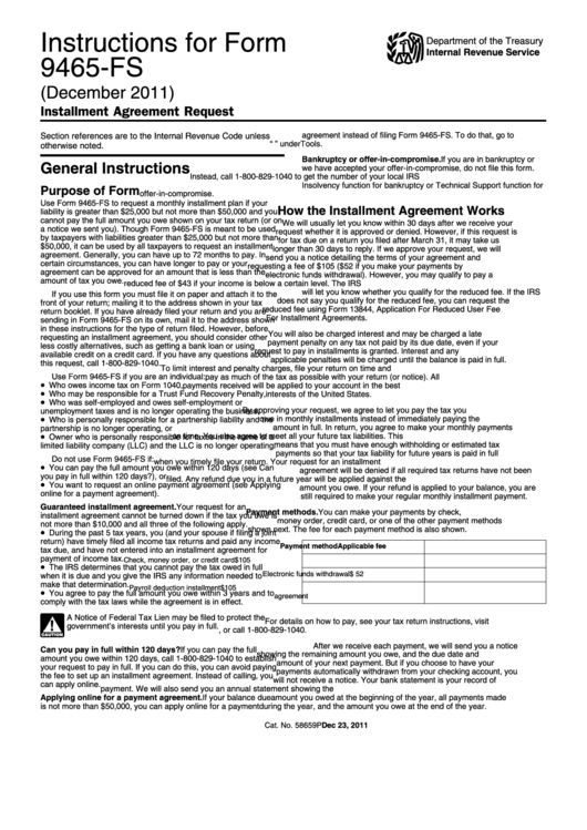 Instructions For Form 9465-Fs - Installment Agreement Request Printable pdf