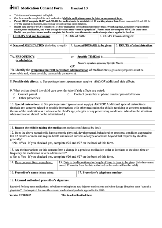 Medication Consent Form printable pdf download