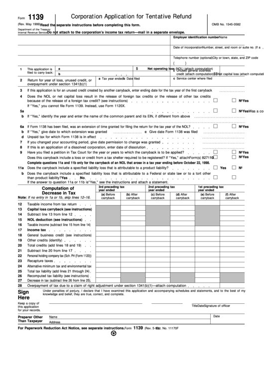Fillable Form 1139 - Corporation Application For Tentative Refund Printable pdf