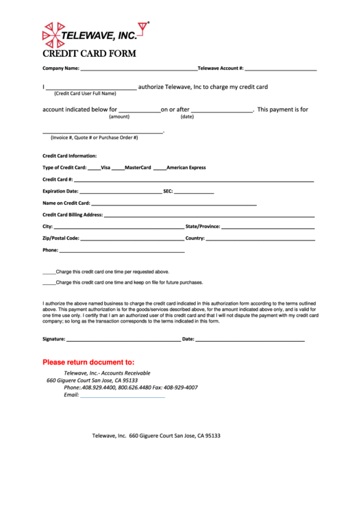 Credit Card Form - Telewave, Inc Printable pdf