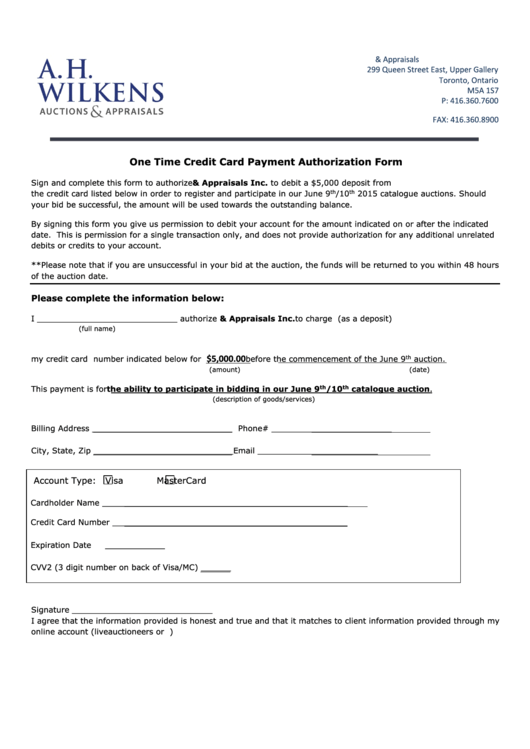 One Time Credit Card Payment Authorization Form - Ah Wilkens Printable pdf