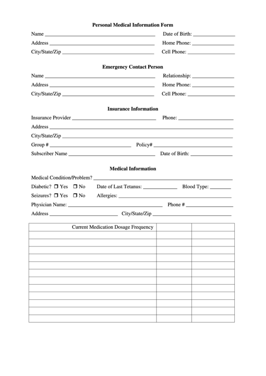 Personal Medical Information Form With Emergency Contact Printable pdf