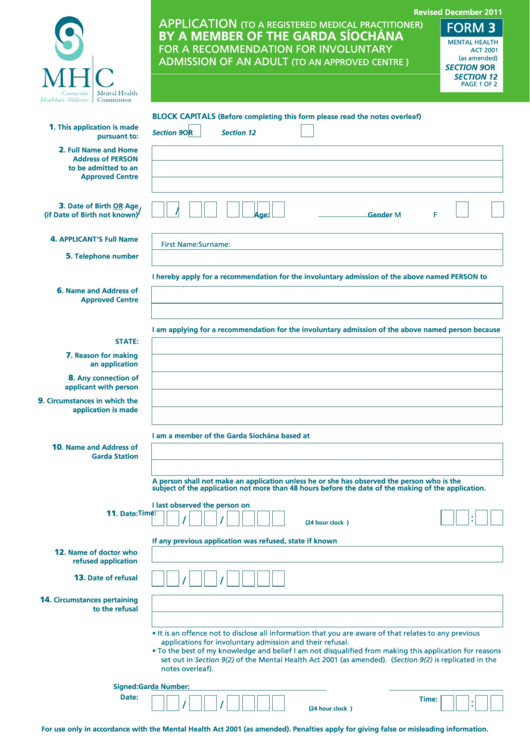 Form 3 - Mhc Application By A Member Of The Garda Sochana For A Recommendation For Involuntary 2001