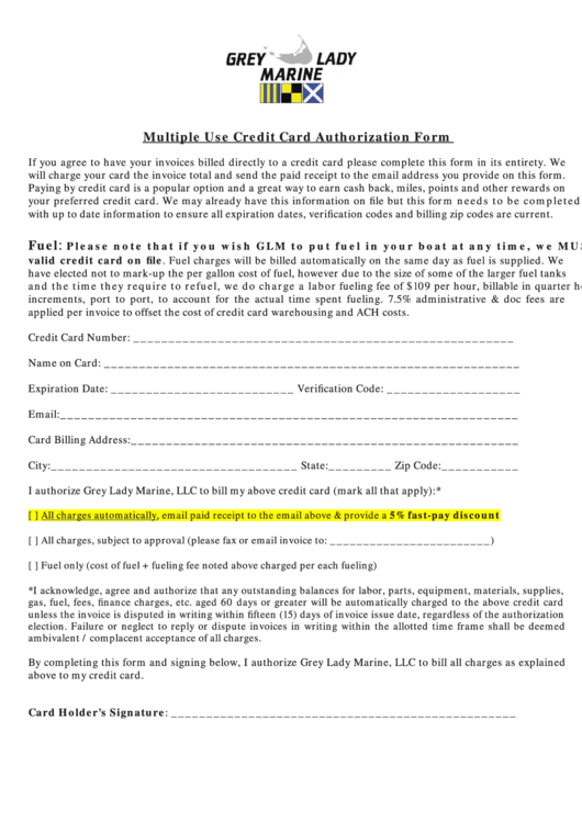 Multiple Use Credit Card Authorization Form - Grey Lady Marine Printable pdf