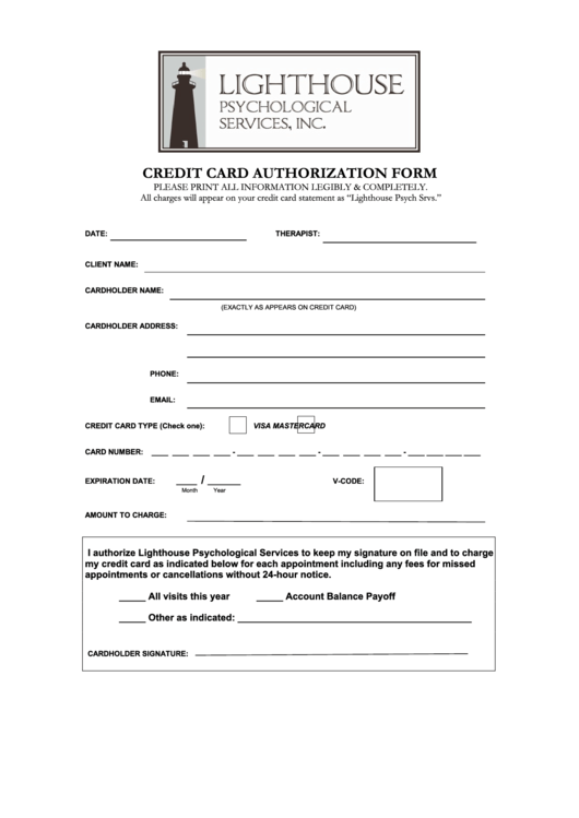 Credit Card Authorization Form - Lighthouse Psychological Services Printable pdf