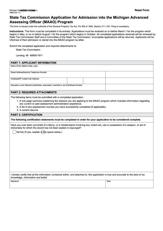 Fillable Form 4868, State Tax Commission Application For Admission Into The Michigan Advanced Assessing Officer (Maao) Program Printable pdf