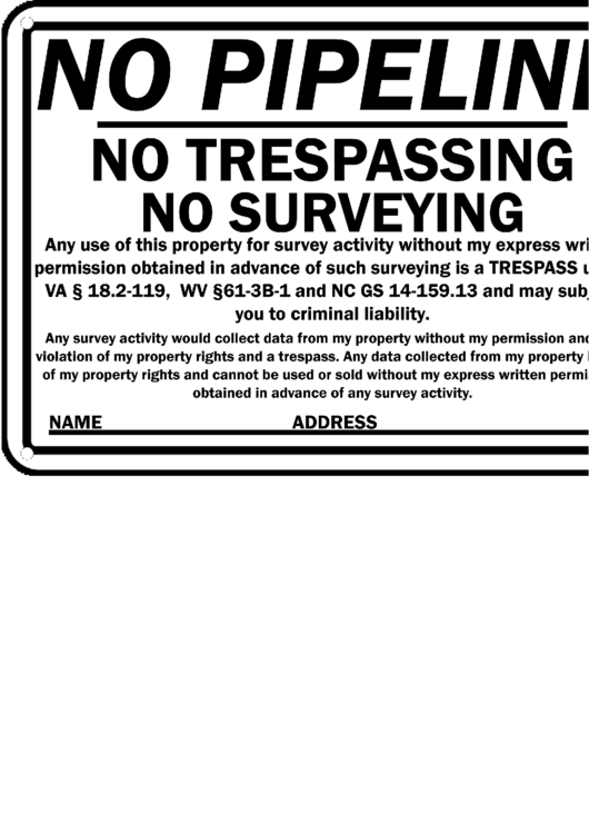 No Pipeline No Trespassing Warning Sign Template Printable pdf