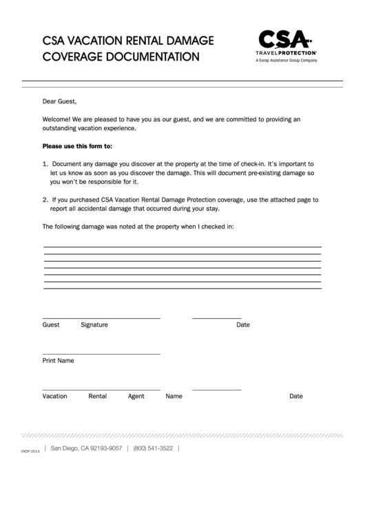 Fillable Csa Vacation Rental Damage Coverage Documentation Template Printable pdf