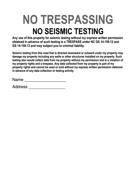 No Trespassing No Seismic Testing - Warning Sign Template Printable pdf