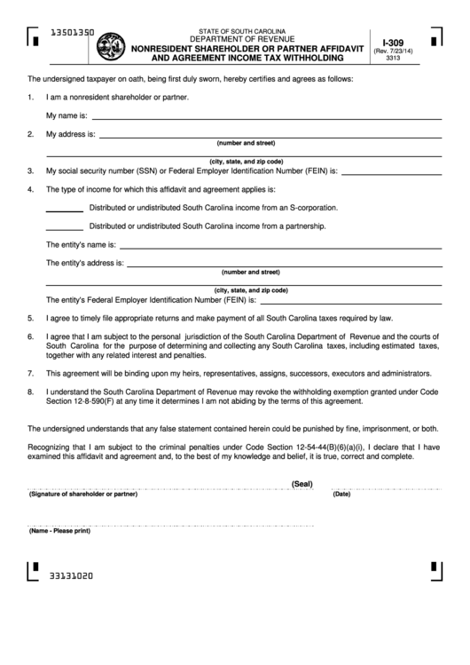 I-309 - Nonresident Shareholder Or Partner Affidavit And Agreement Income Tax Withholding Printable pdf