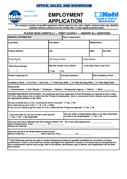 Office, Sales, And Showroom Job Application Form - Kohl Wholesale