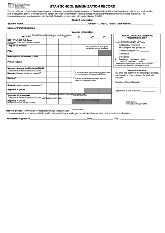 Utah School Immunization Record Form Printable pdf
