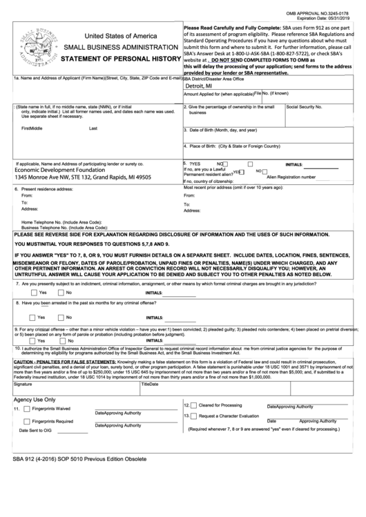 Fillable Sba Form 912 - Statement Of Personal History Printable pdf