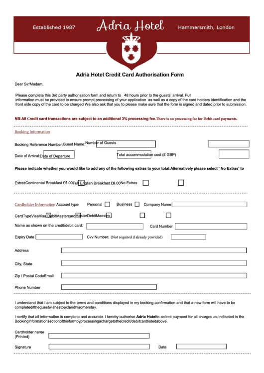 Adria Hotel Credit Card Authorisation Form Printable pdf