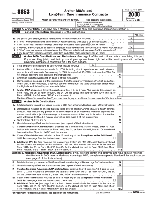 Fillable Form 8853 - Archer Msas And Long-Term Care Insurance Contracts Printable pdf