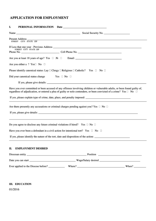 Application For Employment - Diocese Of Venice Printable pdf