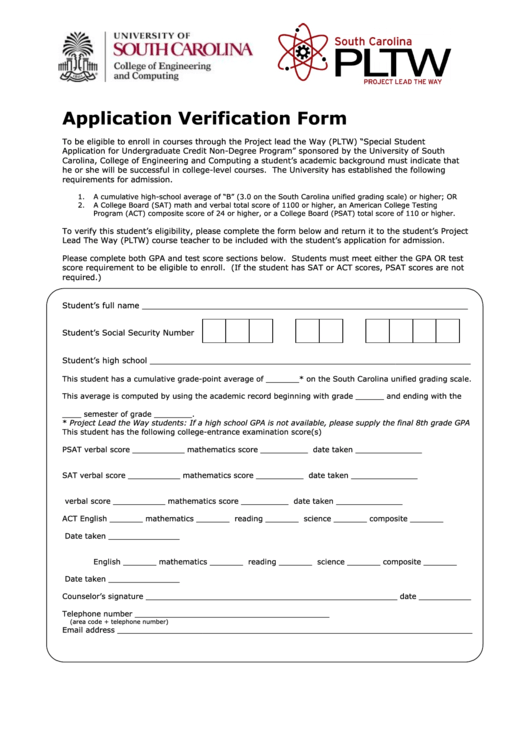 Application Verification Form - Sc Pltw Printable pdf