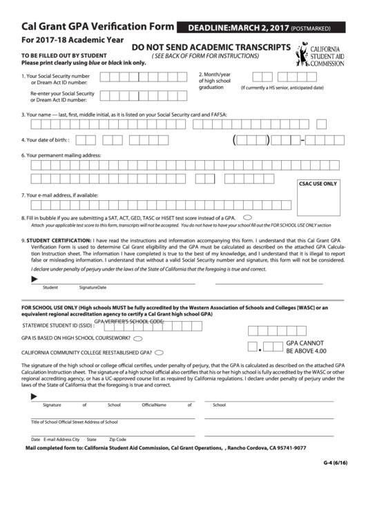 Fillable Cal Grant Gpa Verification Form - California Student Aid Commission Printable pdf