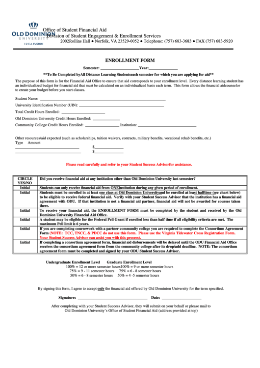 Enrollment Form - Old Dominion University Printable pdf