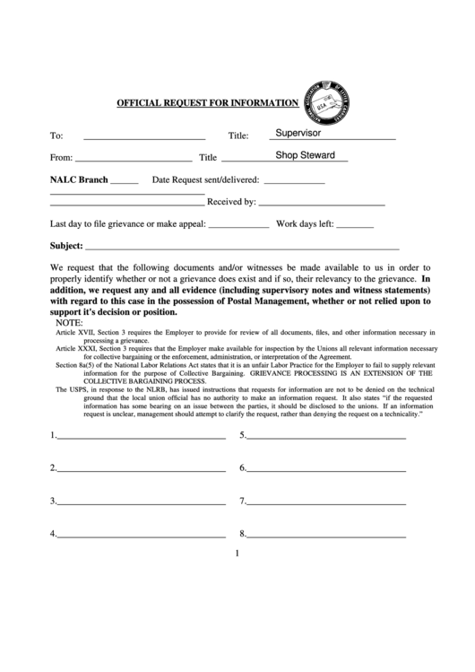Fillable Official Request For Information - Nalc Branch 908 Printable pdf