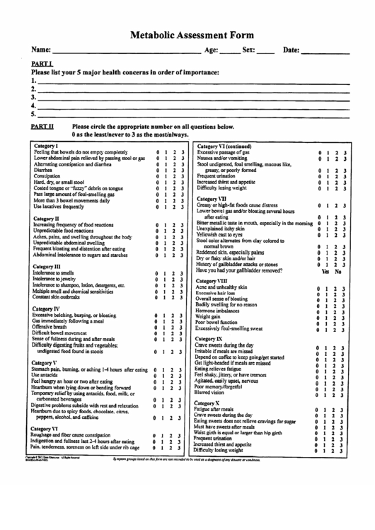 Metabolic Assessment Form - Connor Huma Printable pdf