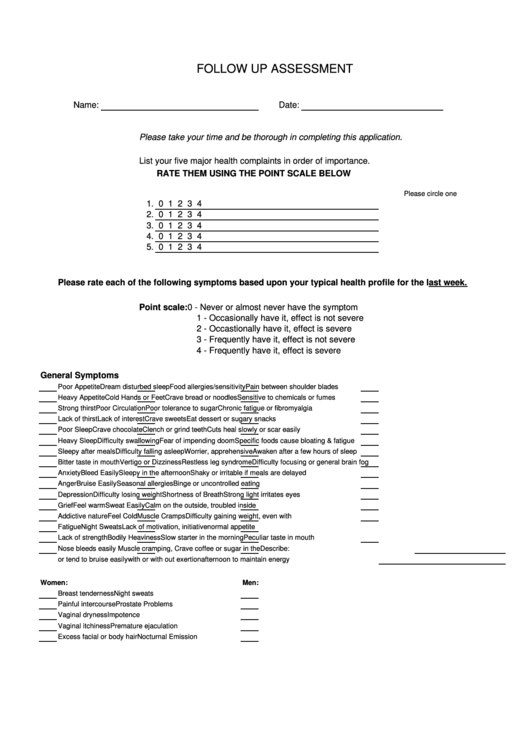 Follow Up Assessment - Circle Of Health Clinic Printable pdf