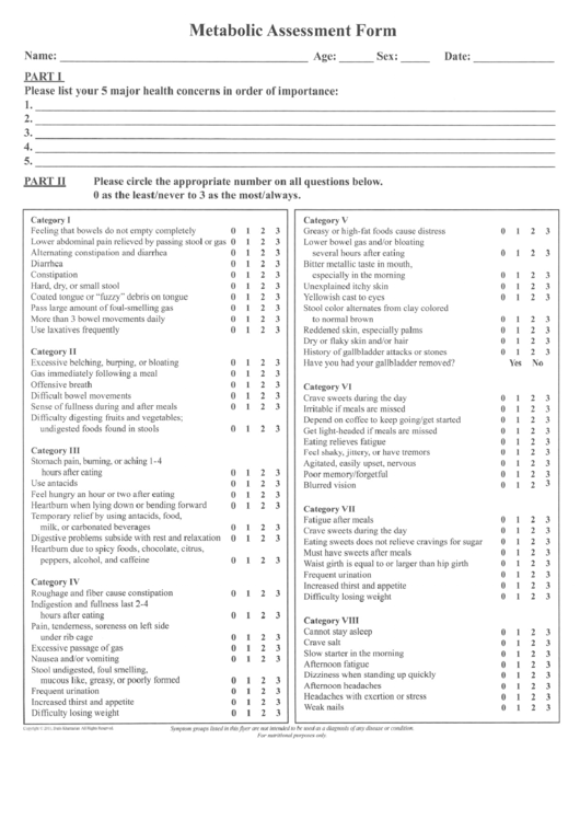 Metabolic Assessment Form - Trillium Natural Medicine Printable pdf