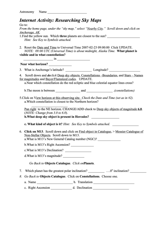 Internet Activity: Researching Sky Maps (Astronomy Worksheet) Printable pdf