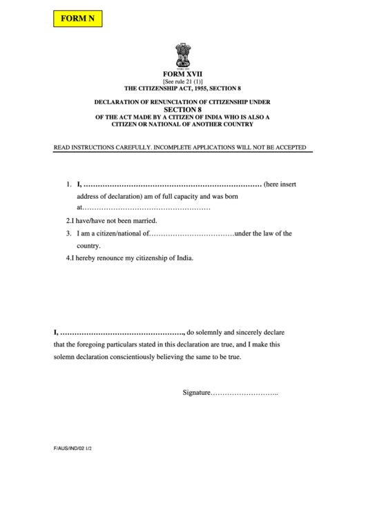 Declaration Of Renunciation Of Citizenship - Vfs Global Printable pdf