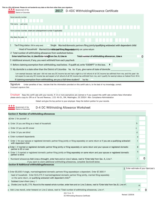Fillable Form D-4 - Dc Withholding Allowance Certificate - 2017 Printable pdf