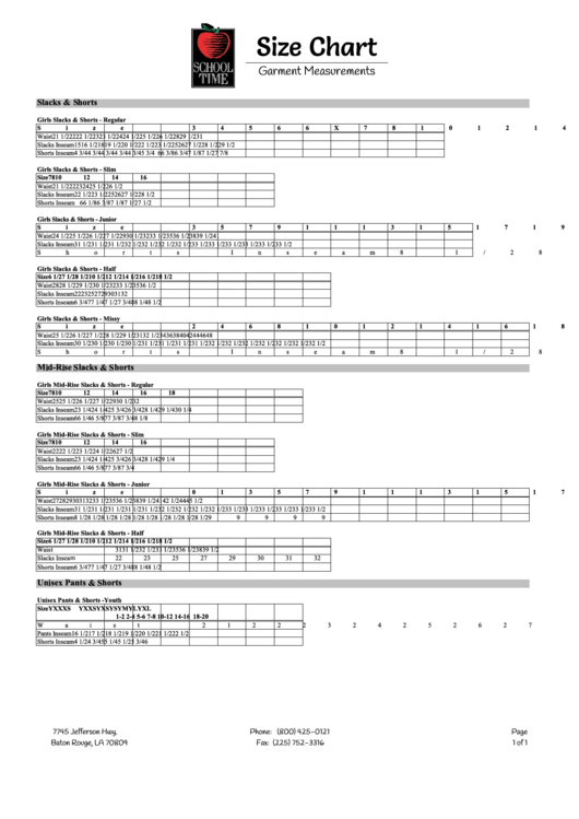 School Time Size Chart & Garment Measurements Printable pdf