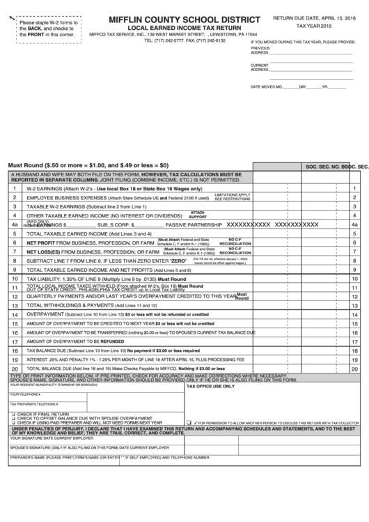 Local Earned Income Tax Return - Mifflin County School District - 2015 Printable pdf