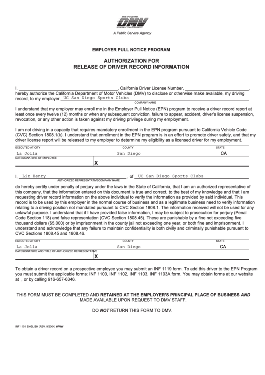 Fillable Form Inf 1101 - Authorization For Release Of Driver Record Information Printable pdf