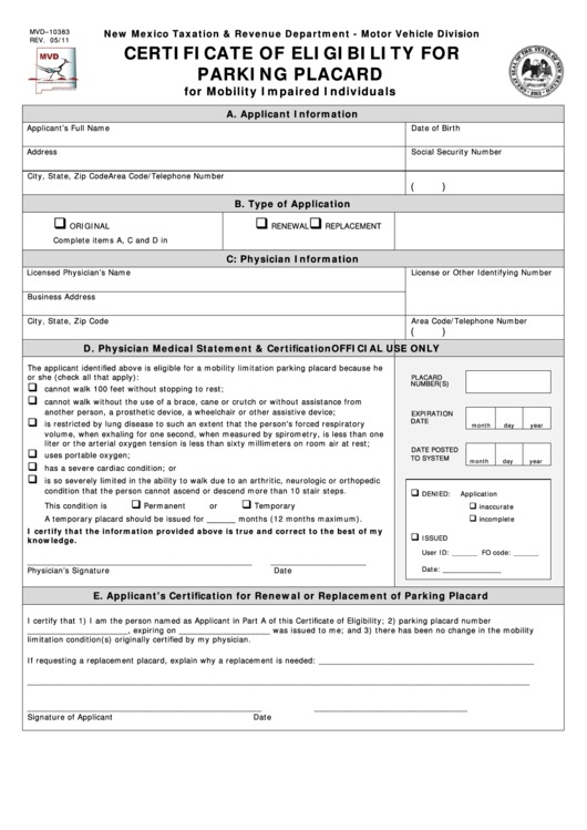 Form Mvd-10383 - Certificate Of Eligibility For Parking Placard - New Mexico Printable pdf
