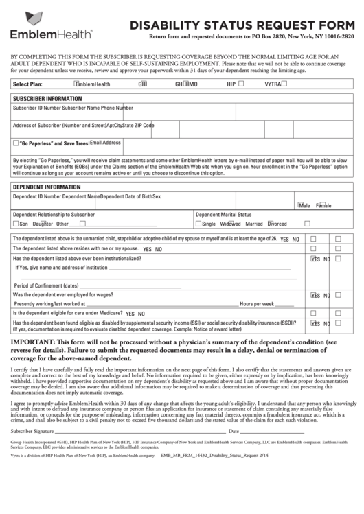 Fillable Disability Status Request Form - Emblem Health Printable pdf