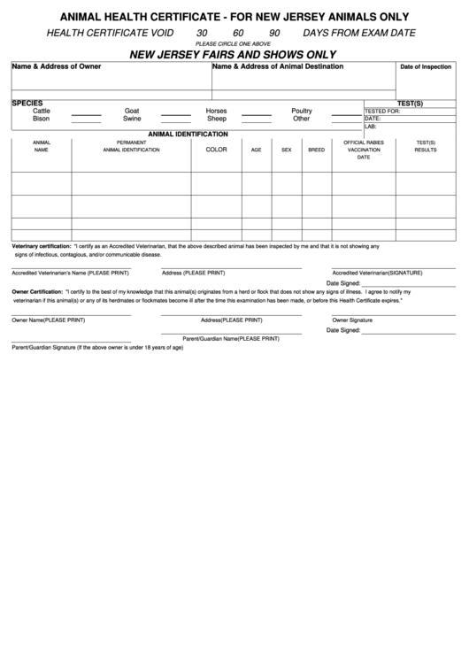 Animal Health Certificate - For New Jersey Animals Only Printable pdf