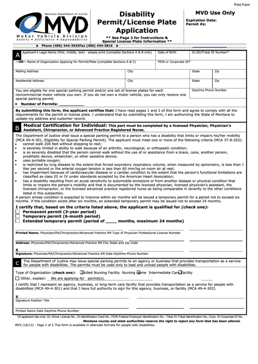 Fillable Form Mv5 - Disability Permit/license Plate Application Printable pdf