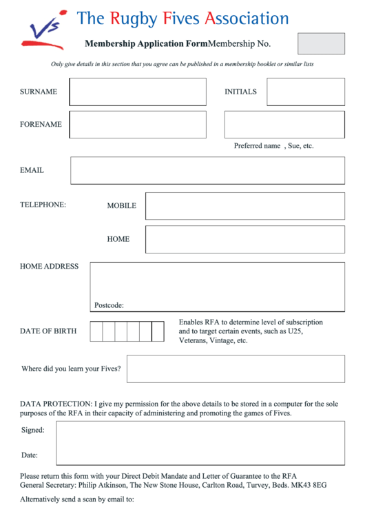 Membership Registration Form - Rugby Fives Association Printable pdf