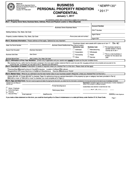 Fillable Business Personal Property Rendition Form - Harris County Appraisal District Printable pdf