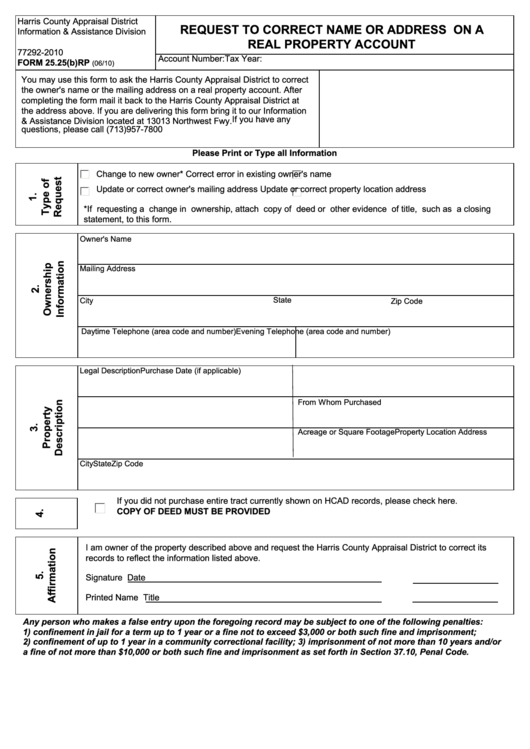 Request To Correct Name Or Address On A Real Property Account - Harris County Appraisal District