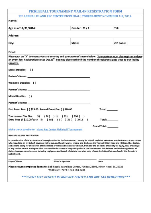 Registration Form - Usapa Pickleball Printable pdf