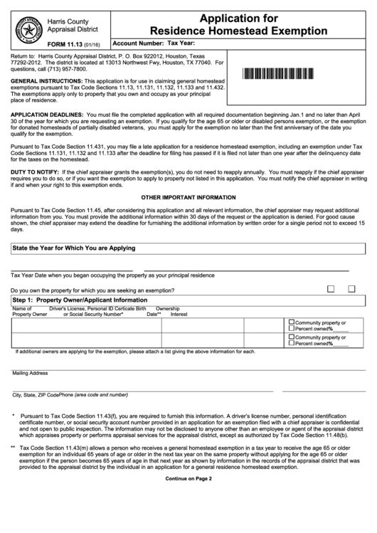 Application For Residence Homestead Exemption - Harris County Appraisal District Printable pdf