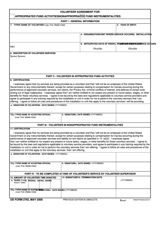Dd Form 2793 - Volunteer Agreement For Appropriated Fund Activities/nonappropriated Fund Instrumentalities - 2009