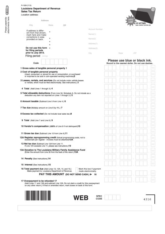 Fillable Form R-1029 - Sales Tax Return Printable pdf