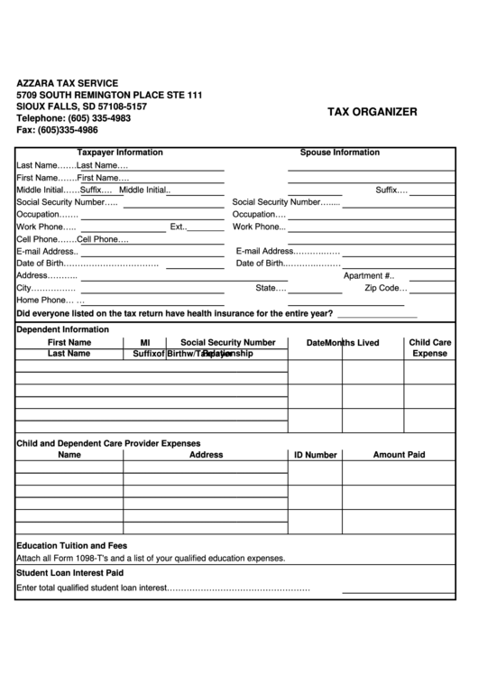 Tax Organizer Template - 2008 Printable pdf
