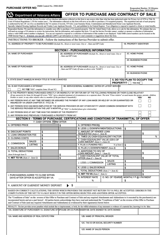 Fillable Va Form 26-6705 - Offer To Purchase And Contract Of Sale - Veterans Benefits Administration Printable pdf
