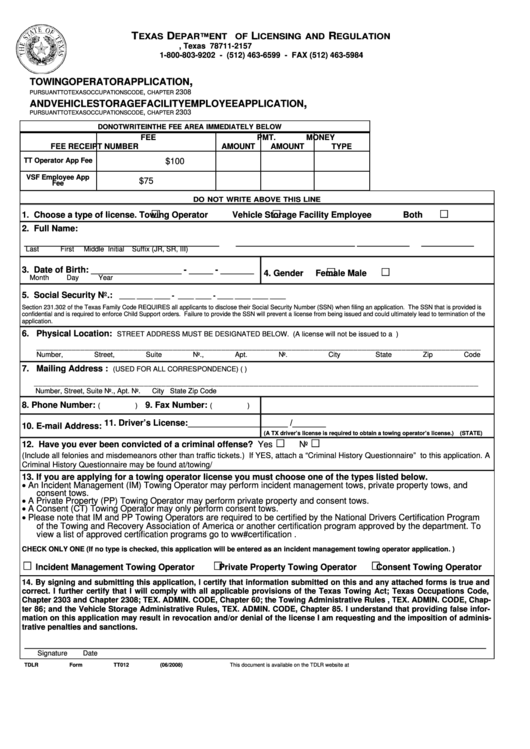 Towing Operator Application And Vehicle Storage Facility Employee Application